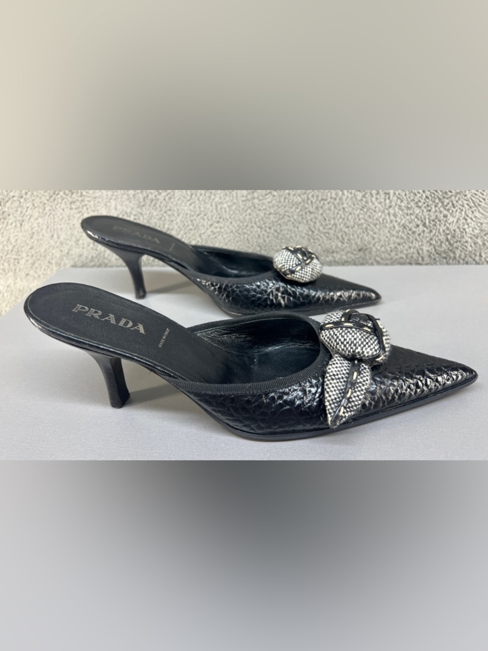Prada Black Pointed-Toe Leather Mules with Knotted Textile Accent - Picture 10 of 14